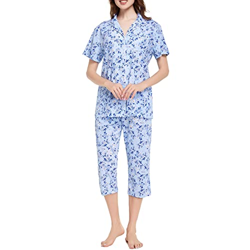 Image of Tugege Capri Pajamas Set Womens Button Down Short Sleeve Lounge Sets Sleepwear Notch Collar Top & Capri 2 Piece PJ Sets