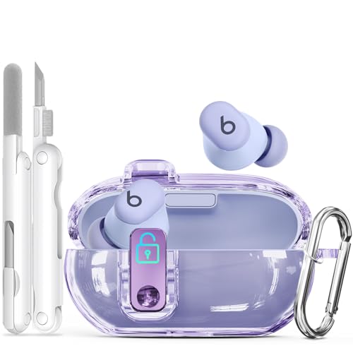 Seucre Lock Case for Beats Solo Buds 2024, with 3-in-1 Cleaner & Keychain, Ekoonpft Soft TPU Cases Cover Compatibility with Beats Solo Buds Wireless Bluetooth Earbuds, Full Protection (Claer Purple)