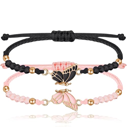 Nayyana 2 Piezas de Pulseras BFF, Pulseras de Mariposa a Juego, Pulseras de Amistad con Encanto Hechas a Mano, Pulsera Ajustable para Mejores Amigos, Regalos de Joyería, Negro+Rosa