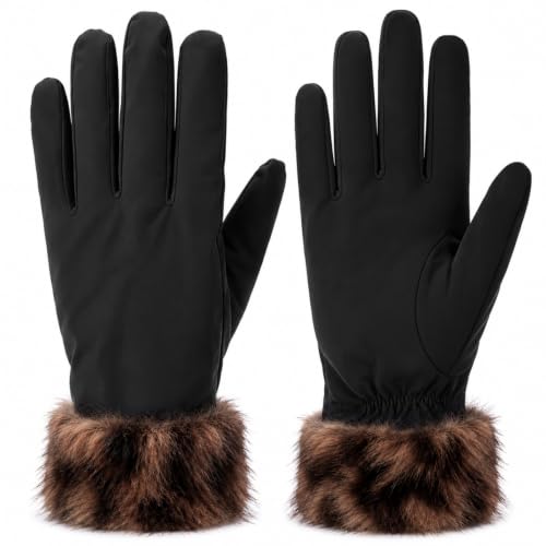 Image of Beehow Women's Winter Gloves, Faux Leather Fleece Lined Gloves with Faux Fur Cuff, Water-Resistant Warm Driving Gloves for Cold Weather（Black）