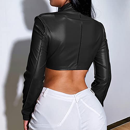 Echoollly Crop Faux Leather Jacket Women Sexy Zipper Front Casual Solid Stand Collar Cropped Jacket Coat Long Sleeve Bolero, Black #TOP5