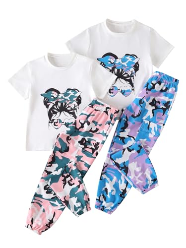Image of Girls 4 Pieces Outfits Short Sleeve Printed Tee Tops and Pants Set 4-12Y