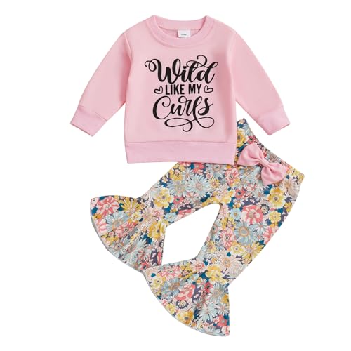 Image of Meiweileya Infant Toddler Baby Girl Clothes Wild Like My Curls Long Sleeve Sweatshirt Pullover Tops Floral Flare Pants Set Sweet Fall Winter Outfits (Pink, 0-6 Months)