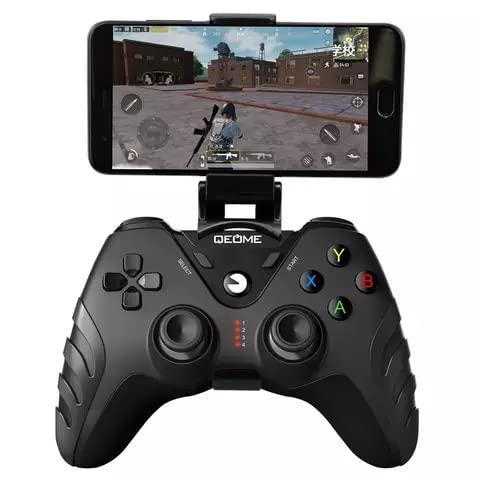 QEOME Wireless Pro Gamepad with a smartphone mounted on its holder, displaying a game.