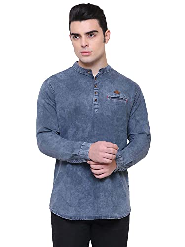Image of Kuons Avenue Men's Denim Casual Short Kurta | Mandarin Collar | Full Sleeves | Tailored Fit- Stylish Ethnic Wear