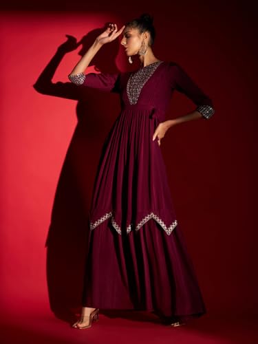 Image of Madhuram Women's Chinon Chiffon Traditional Ethnic Long Western Dress with Embroidery Work Long Kurta(M-2361)