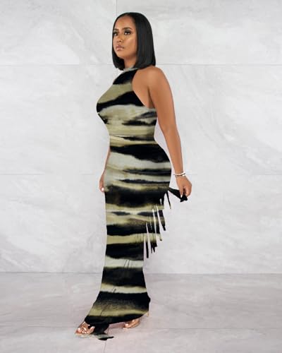 Image of 2 Piece Outfits for Women Sexy Halter Neck Sleeveless Crop Tops Ruched Bodycon Dresses Jumpsuits Fringe Skirt Sets