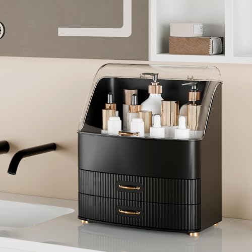 Image of Makeup Organizer Countertop Vanity with Transparent Lid Drawers Waterproof Dustproof Cosmetic Skincare Bathroom Storage Gift for Women Teens Girls (Black)
