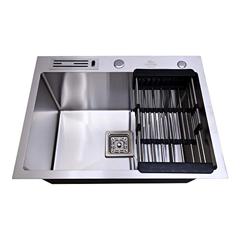 Image of CROCODILE 24x18 Inch 304 Grade Stainless Steel Handmade Kitchen Sink | WIth Knife Shelf, Single Bowl, Heavy Duty, Anti-Rust, Sound-Dampening Sink for Modern Kitchens