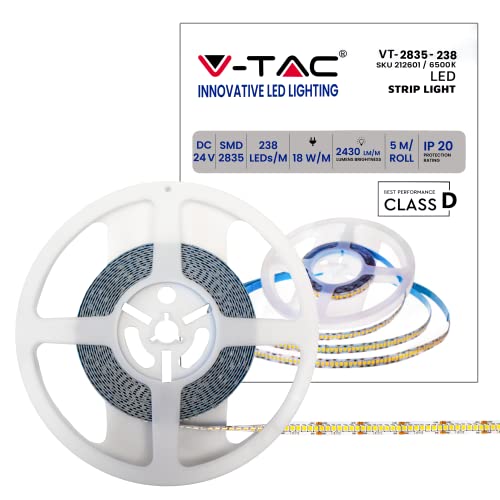 V-TAC Striscia Led da Interno SMD 2835 18W - 5 Metri - Striscia LED Adesiva per Casa, Cucina, Camera, Ambienti Interni - Luce Bianca Naturale 6500K - Strisce LED Alta Luminosità - 24 Volt