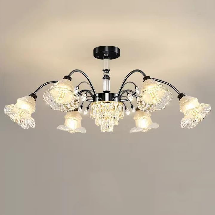 Plafonnier floral en cristal Spoutnik noir et doré style vintage