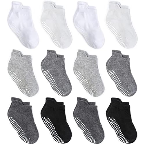 ZAPLES Baby Non Slip Grip Ankle Socks with Non Skid Soles for Infants Toddlers Kids Boys Girls, Grayscale, 12-36 Months