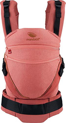 manduca Babytrage XT – All-In-One Babytrage für Neugeborene ab 3,5 kg und Kleinkinder bis 20 kg – ergonomische Kindertrage mit verstellbarem Steg – Einheitsgröße, denimrouge-toffee