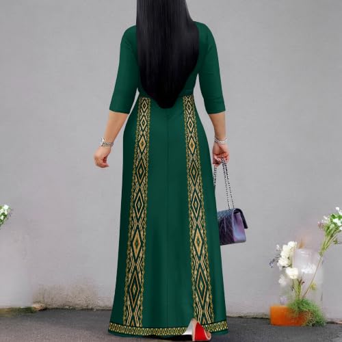 Image of Plus Size Maxi Dress for Women V Neck 3 /4 Sleeve Wrap Dress Green M | Green Floral Women's Maxi Dress for Wedding