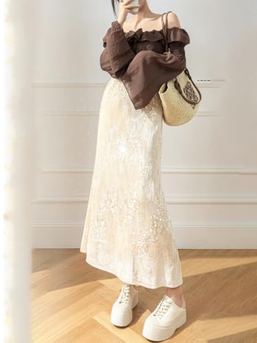 ebossy Women's Elegant Elastic Waist Sequin Flowy A-line Flared Long Skirts Sparkly Fishtail Mermaid Maxi Skirts2