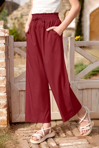 Image of Girls Summer Floral Wide Leg Pants High Waisted Flowy Dress Trousers with Pockets for School Lounge Beach 5-14 Years