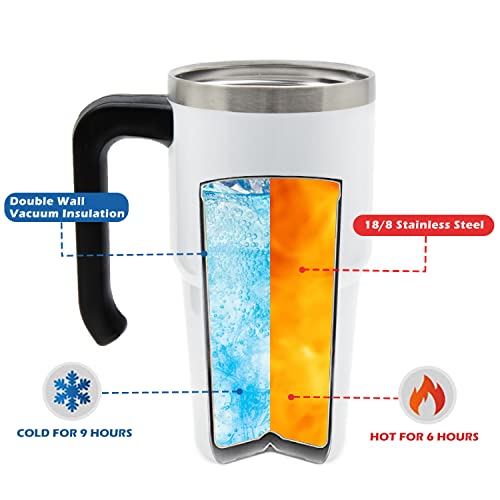 20Oz Travel Mug With Handle, Double Wall Vacuum Insulated Tumbler Stainless Steel Coffee Mug For Cold And Hot Beverages (White) #TOP1
