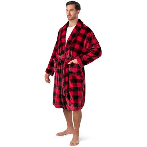PAVILIA Mens Robe, Soft Plaid Robe for Men, Fleece Warm Long Bathrobe for Bath Shower Spa with Shawl Collar and Pockets, Plush Microfiber - Black and Red Buffalo Plaid Checkered S/M Cover