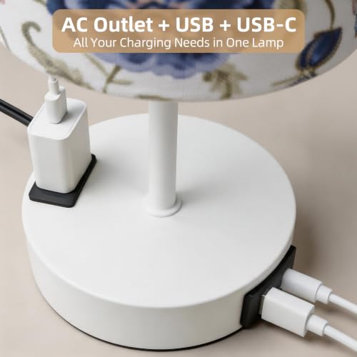 Image of Table Lamp, Dimmable Touch, AC Outlet, USB A+C (Printed&White) | 3-Way Dimmable, Small Touch Lamp with Eye-Care LED Bulb, Ideal Bright Lighting Bedside Lamps for Nightstand, Bedroom, Reading
