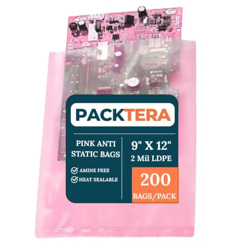 PACKTERA 9" X 12" Pink Anti Static Flat Bags 2 Mil Amine Free LDPE (Pack of 200) for Electronic Components PCB Packaging Storage Open Top Heat Sealable Reusable Static Shielding Bag Sensitive Devices