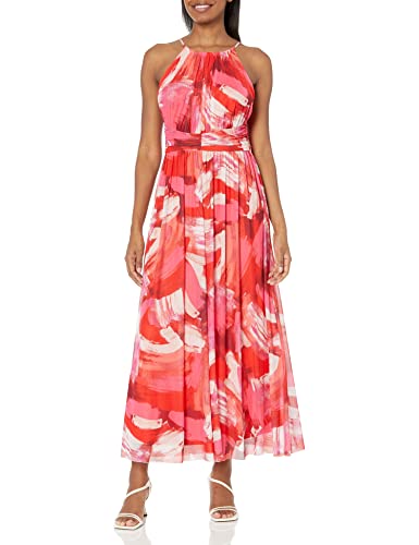 Image of London Times Women's London Times Mesh Halter Maxi Dress with Ruched Waistband Flowy Bohemian Beach Dresses