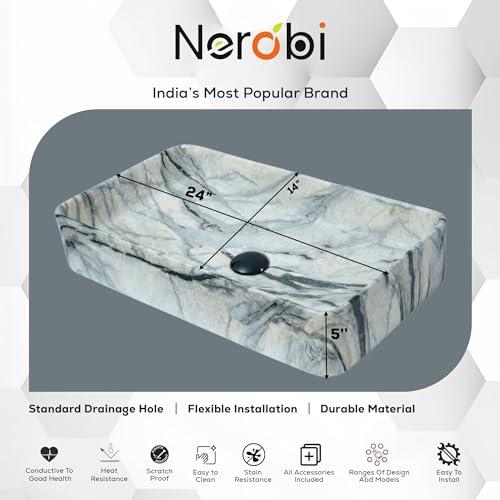 Image of Wash Basin Countertop | Tabletop Ceramic Bathroom Sink | Wash Basin Over Counter | (24 x 14 x 5 Inch) (Marble Beige Black)