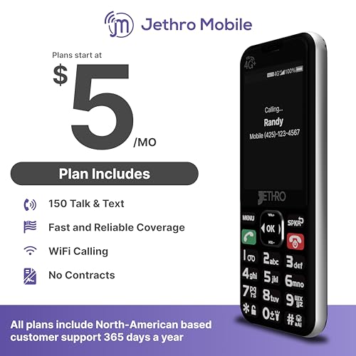 Jethro SC490 4G LTE Cell Phone for Seniors with 30 Day Prepaid Plan: 150 Talk & 150 Texts, No Internet (Black)