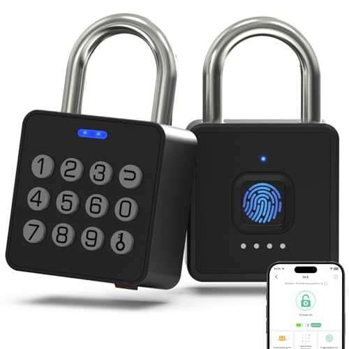 Eseesmart Fingerabdruck Schloss mit Zahlencode, Vorhängeschloss mit Fingerabdruck Code App-Steuerung, Smart Elektrisches Biometrie Wetterfest Schloss für Spind Keller Gartentür Locker