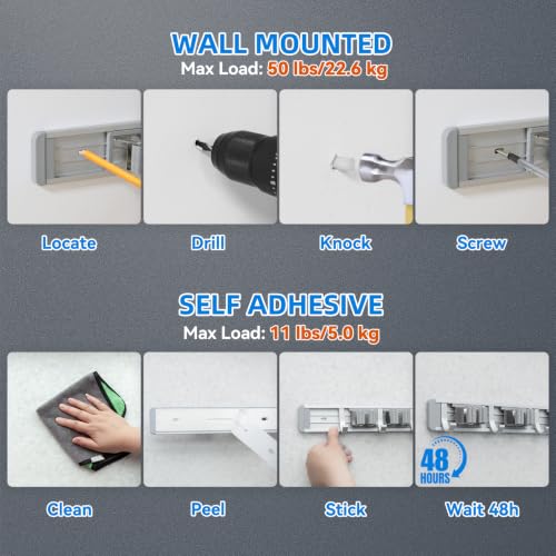 Image of reliahom Broom Holder Wall Mount Mop Hanger Tools organizer 4Racks 5Hooks | Adjustable Stick or Screw Mop Broom Wall Hanging Tool Storage Rack Space-saving for Garage,Kitchen,Laundry Room,Garden,Silver
