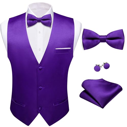 Image of Barry.Wang Mens Suit Vest Bow Tie Set 4PCS Formal V-neck Slim Fit Casual Solid Color Waistcoat Wedding Party Tuxedo