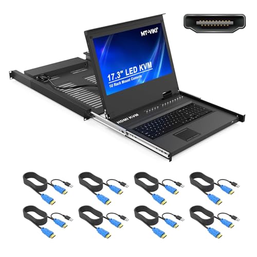 MT-VIKI 1U HDMI LCD KVM Konsole 8 Port mit 17.3'' LCD Monitor für 1HE 19'' 600-800mm Schrank Schublade Hotkey OSD mit 8xKabeln 1920X1080
