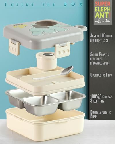 Image of PRIME DEALS BPA-Free Leak-Resistant Stainless Steel Insulated Tiffin for School with Spoon Elephant Lunch Box for Kids Bento Box with Tray & Container | 1120ml + 70ml (Grey, Elephant)