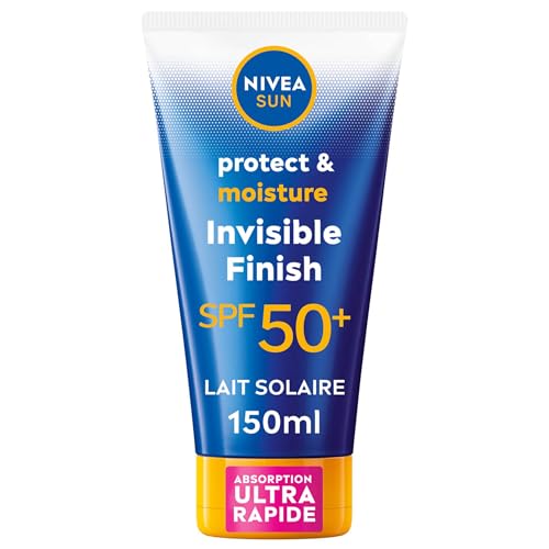NIVEA SUN Lait Solaire Invisible Finish Protect & Hydrate SPF 50+ 150 ml — Crème Solaire résistante à l'eau — Protège et Hydrate — Haute Protection Visage et Corps