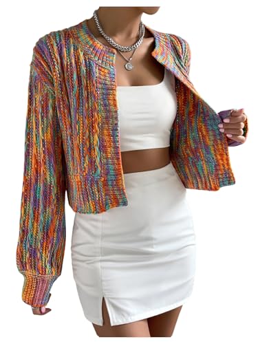 WDIRARA Women's Rainbow Crop Cardigan Sweater Long Sleeve Loose Fit Knitted Top Knitwear