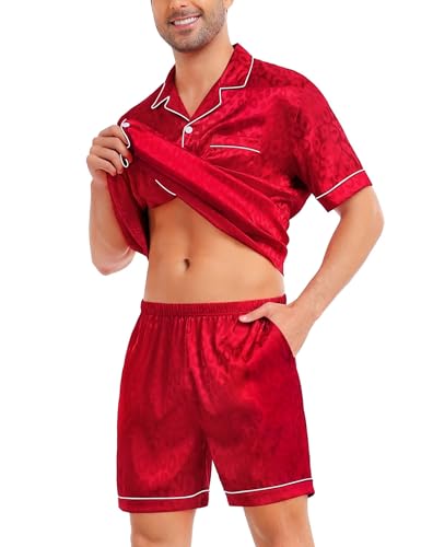 Image of SWOMOG Satin Matching Pajamas Sets Couple Silk Button Down Nightwear Women & Men Short Sleeve Sleepwear 2 Pieces Loungewear