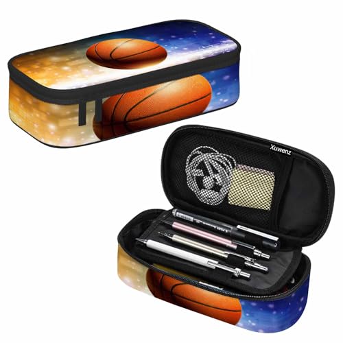Image of Basketball Pencil Case Organizer Glittering Light Magic Sports Orange Blue Stationery Box Makeup Box School Supply for Boy Girl Men Women