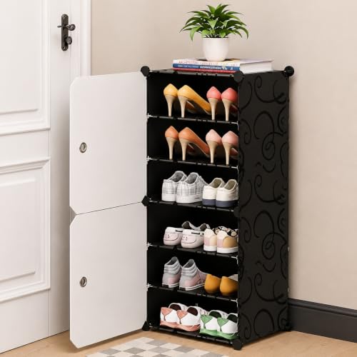 Image of Plastic Shoe Rack for Home with Door | 6-Shelf DIY Shoe Cabinet Organiser | Stores 12 Pairs | Foldable & Waterproof Shoe Stand for Entryway, Bedroom