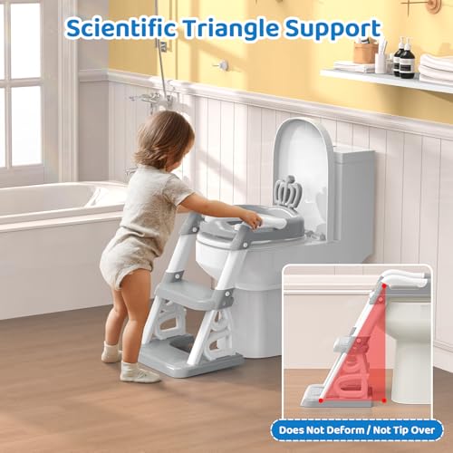 Potty Training Seat,Toddler Step Stool Ladder 2 in 1 Potty Training Toilet for Kids Boys Girls,Comfortable Foldable Potty Seat,Splash Guard,Adjustable Ladder,Safe Handles (Grey)