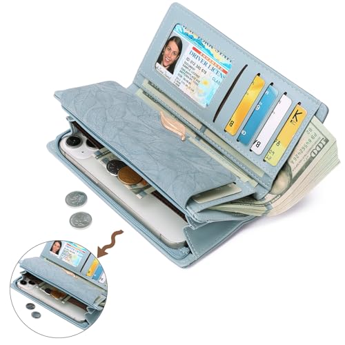 Image of Women's Wallet Leather RFID Blocking Bifold Clutch Large Capacity Credit Card Holder with Coin Zipper Purse