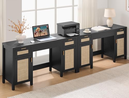 Image of SICOTAS 52 Inch Vanity Table Rattan Vanity Home Office Desk with 3 Drawers | 2 Pieces Farmhouse Boho Makeup Vanity Dressing Table with Large Storage, Vanities Desk for Makeup Room, Bedroom, Office