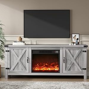 YESHOMY Fireplace TV Stand with Two Barn Doors and Storage Cabinets for Televisions up to 65 Inch Entertainment Center Console Table Media Furniture for Living Room 58 Inch Gray Wash