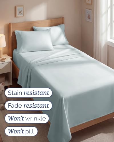 Image of Twin 4 Piece Bed Sheet Set - Comfy, Breathable & Cooling Sheets - Ice Blue | Ultra Soft Hotel Luxury Bedding Set with 8-16 Inch Deep Pockets, 1 Flat & 1 Fitted Sheet & 2 Pillowcases, Wrinkle & Fade Free