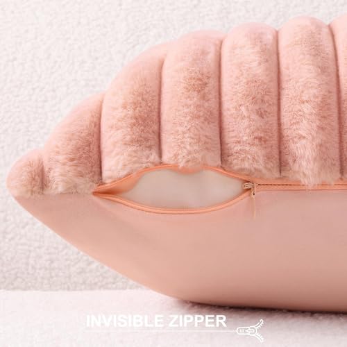 Pallene Faux Fur Plush Throw Pillow Covers 16x16 Set of 2, Luxury Soft Fluffy Striped Decorative Pillow Covers for Sofa, Couch, Living Room, Pink
