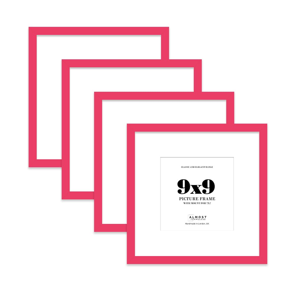 9x9 Bright Pink Picture Frame with Mount for 7x7 Photos, Prints - Modern Square Wall Frame, Set of 4