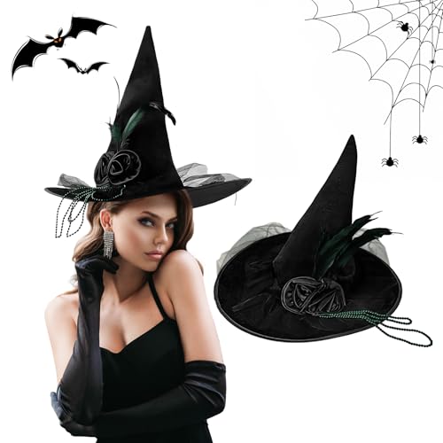 Himissy Sombrero de Bruja, Gorro de Bruja, Sombreros de Bruja, Gorro Bruja, Halloween Hat para Adulto Disfraz de Halloween Tocado, Carnaval Accesorio Fiesta Decorativo con Flor Tamaño Único Negro