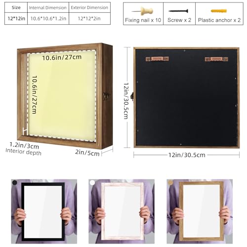 Image of TJ.MOREE Shadow Box 12x12 Memory Display Case Wood Picture Frame Carbonized | Fits 10.6x10.6 Inserts with Linen Back & Glass, Rustic Keepsake Box for Pet Memorabilia Gifts Wedding Bouquet Military Medals