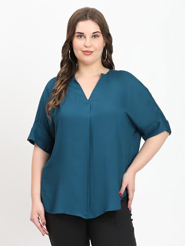 Image of SINDOORI Relaxed Fit Tops for Women Plus Size Solid Printed Mandarin Collar, Band Collar, V-Neck Top, Half Sleeve Loose Fit