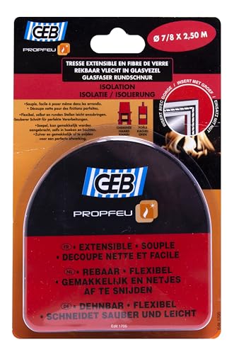 GEB Tresse ronde 2,5m Ø 7 à 8 mm en fibre de verre extensible pour l’étanchéité des portes d’inserts, chaudières, fours, poêles, cheminées avec gorge