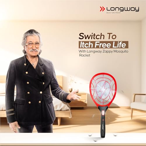 Image of Longway Zappy Rechargeable Mosquito Killer Racket Built in COB Light | 3500V DC Voltage on The Net Mesh| Mosquito Bat | 1 Month Stand by 500mah Long Lasting Internal Battery (Black)