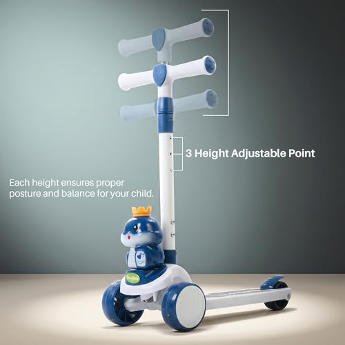 Image of Baybee Dino Crown Kick Scooter for Kids | 3 Wheel Kick Scooter with RGB LED Wheels & Music | 3 Height Adjustable Handle & Rear Brake | Foldable Scooter for Kids 3 to 8 Years Boys & Girls (Lite Blue)
